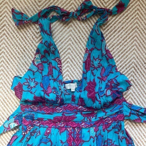 NWT Caroline Constas Criss Cross Halter Floral Maxi Cotton Dress Size M Turquois - Picture 3 of 6